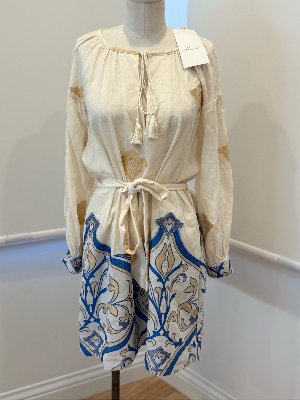 Kasia Dress - Ecru/Blue/Gold